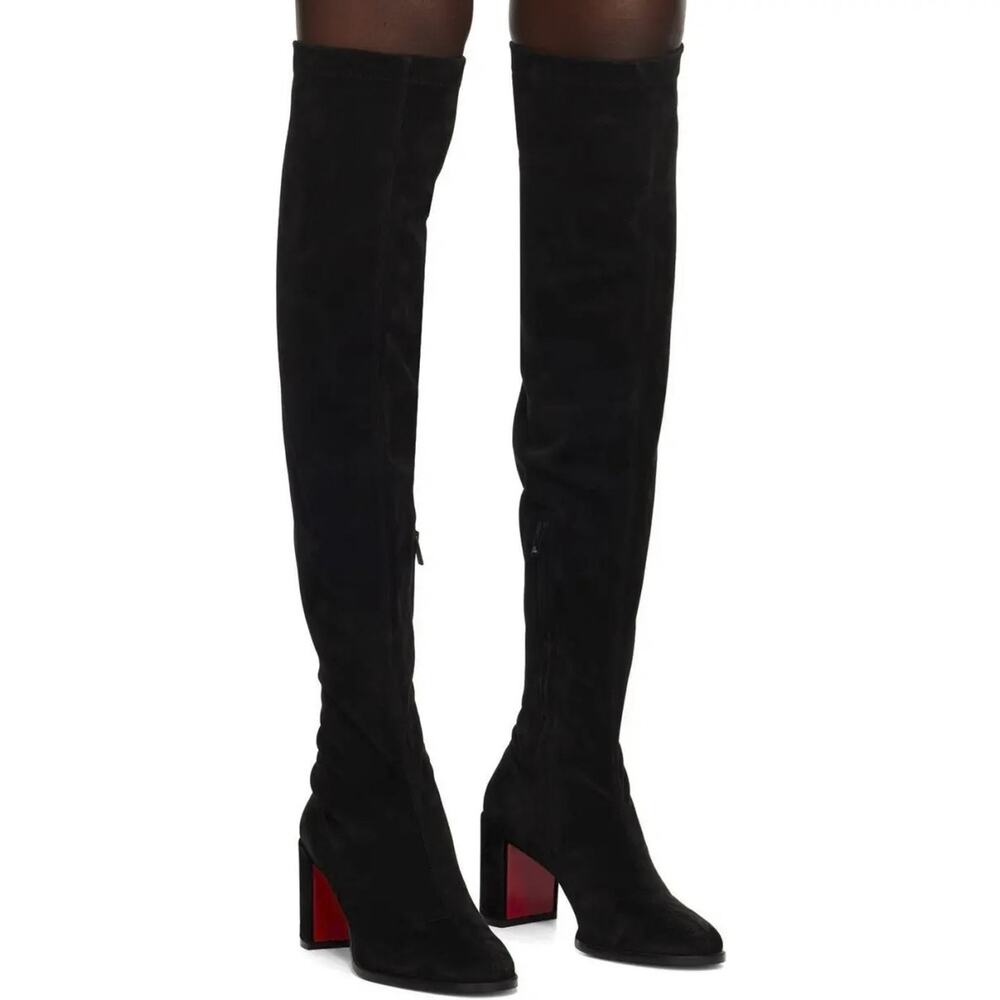 Christian Louboutin NIB Stretchadoxa Black Suede Over Knee Thigh High Boots 39.5